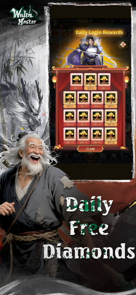 Wulin Master - Vplay - Daily login rewards and free diamonds screen in Wulin Master Vplay mobile game