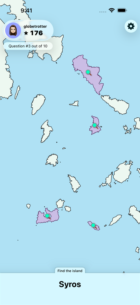 Geognosis - Geography Quiz - Interactive map game in Geognosis app where users find the Greek island Syros