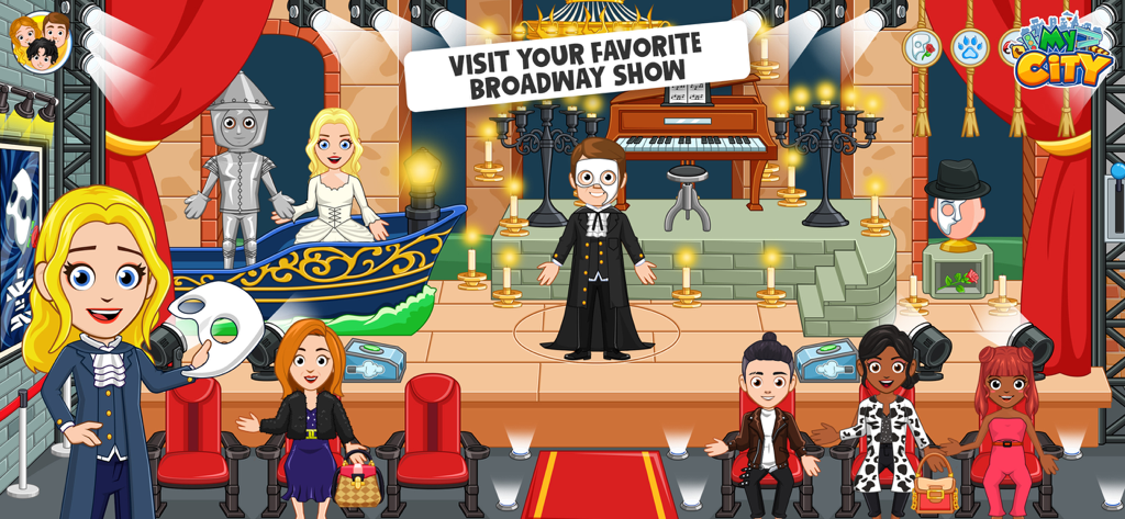 My City : New York - Personajes actuando y viendo un musical en un escenario de Broadway en la aplicación My City New York