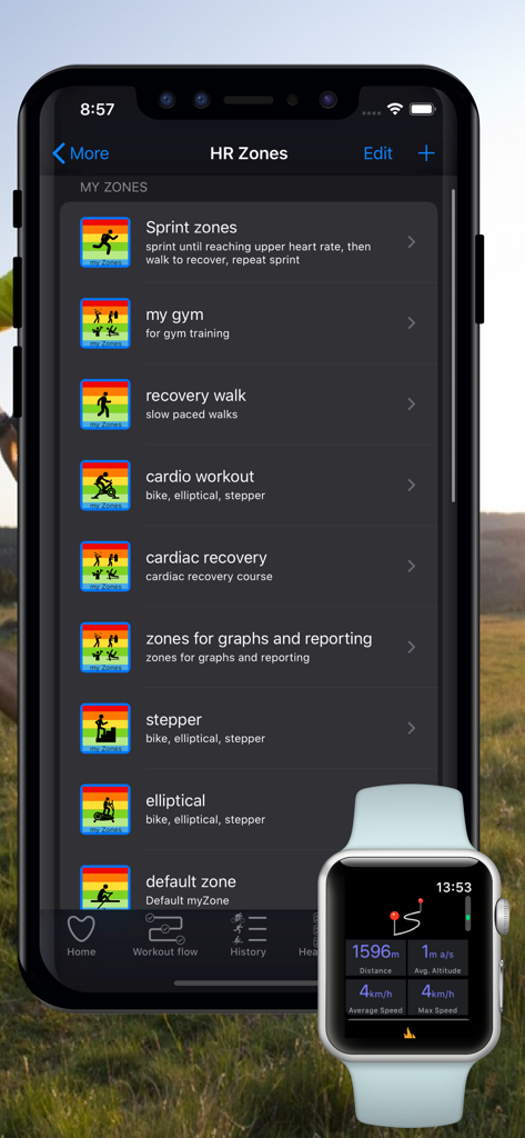 iPhone screen showing custom heart rate zones and Apple Watch displaying workout performance metrics