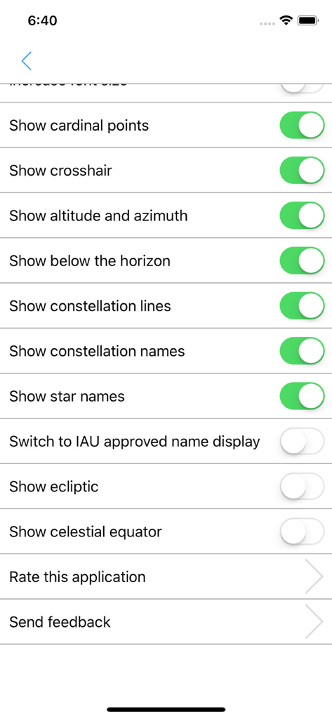 Constellation Map mobile - 星と星座のさまざまな表示トグルスイッチを備えたConstellation Mapモバイルアプリの設定メニュー。