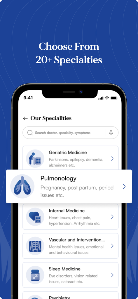 HCCI Connect– Consult a Doctor - Mobile app screen displaying over twenty medical specialties for appointment booking
