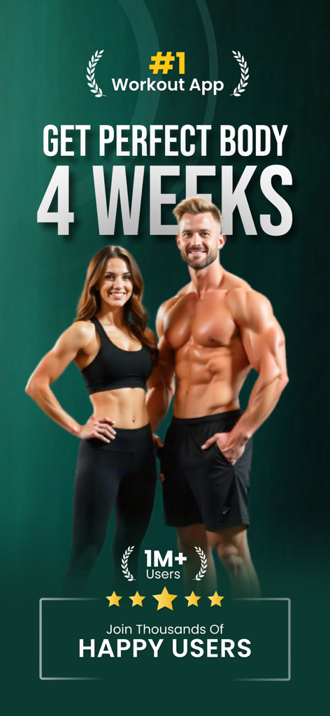 Fitness Coach: A Home Workout - Pantalla promocional de la aplicación Fitness Coach que muestra una pareja en forma y un objetivo de transformación corporal de 4 semanas