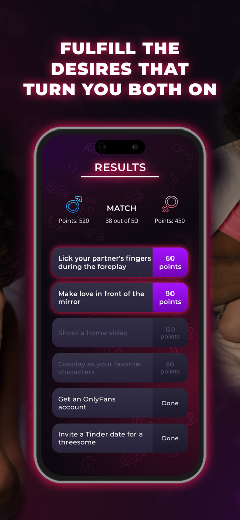 Couple Game – Secret Desires - Matching results screen showing shared intimate fantasies and points earned by a couple.
