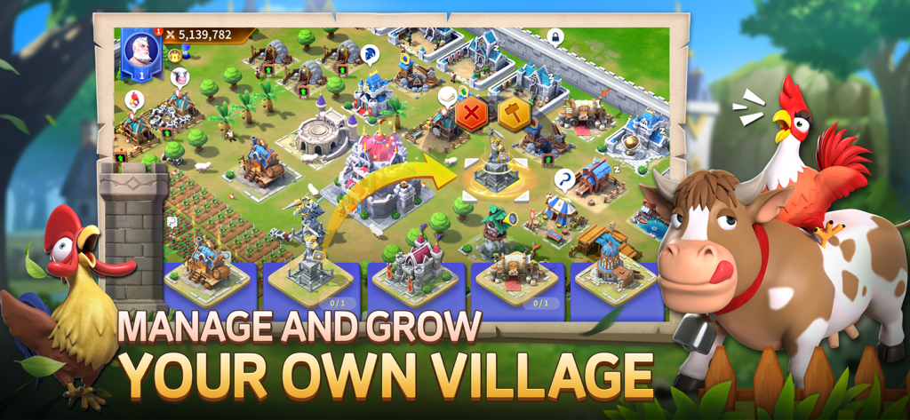 Dragon Siege: Kingdom Conquest - Captura de pantalla del juego Dragon Siege que muestra la gestión de aldeas con edificios, granjas y animales de dibujos animados coloridos