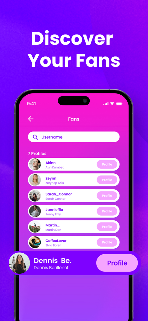 The Followers Unfollow Tracker - A screenshot of The Followers Unfollow Tracker app showing a list of fans with profile pictures and names under the headline Discover Your Fans.