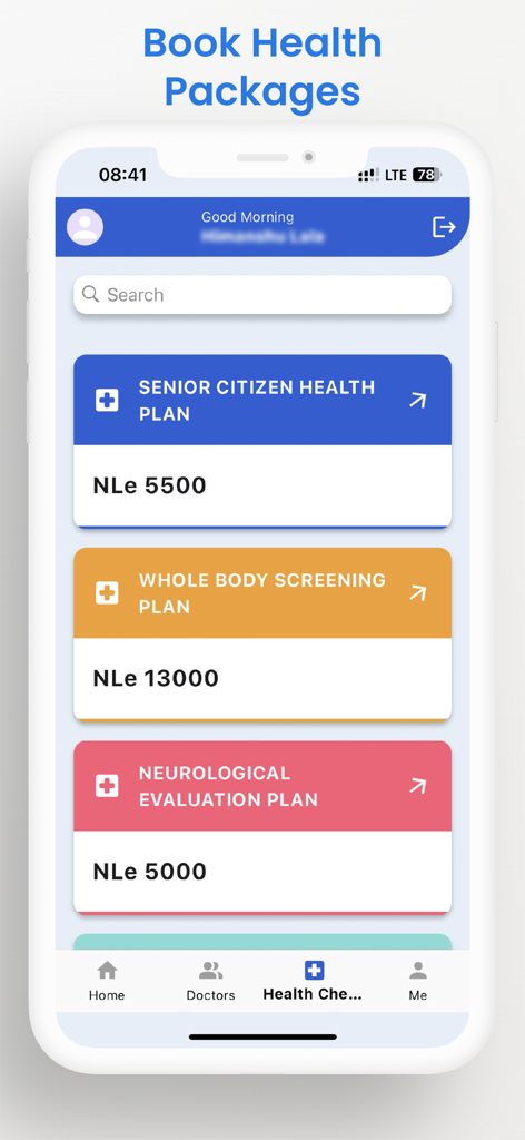 Tela de aplicativo móvel do CMH Health Assist exibindo uma lista de pacotes de check-up de saúde disponíveis com preços