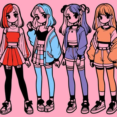 one girl with crop-top shirt and a jacket with a skirt, long socks and another girl with a shirt and pants with a jacket