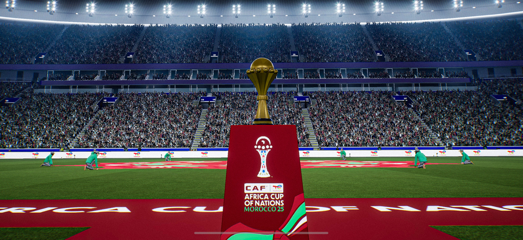 CAF Africa Cup of Nations Morocco 25 trophy displayed in a stadium within eFootball