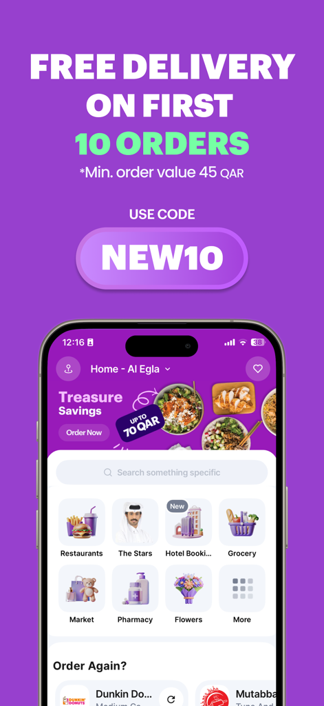 Écran d'accueil de l'application Rafeeq présentant une offre de livraison gratuite et diverses icônes de services comme la nourriture et l'épicerie