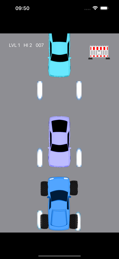 Monster Trucks: Car Smash Race - Top down view of a blue monster truck driving behind cars on a gray highway