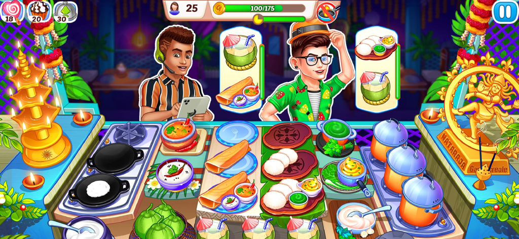 Cooking Event : Cooking Games - Un vibrante nivel de restaurante indio en un juego de cocina donde los jugadores preparan y sirven platos tradicionales como dosa e idli a los clientes.