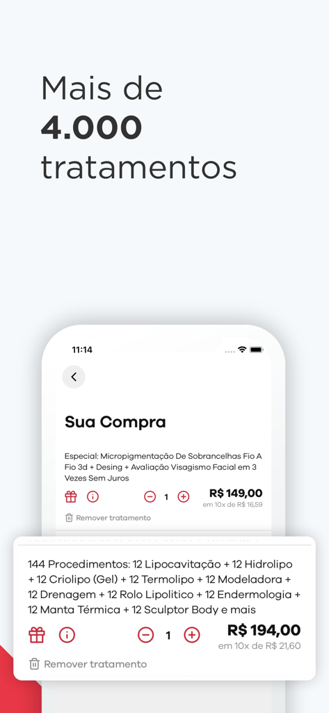 Tela do carrinho de compras do aplicativo Magote mostrando várias ofertas de tratamentos de saúde e beleza.