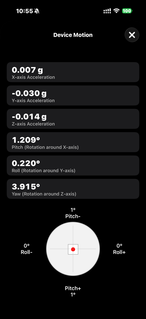CPU-X - CPU-X app interface displaying real-time device motion data including acceleration and rotation metrics