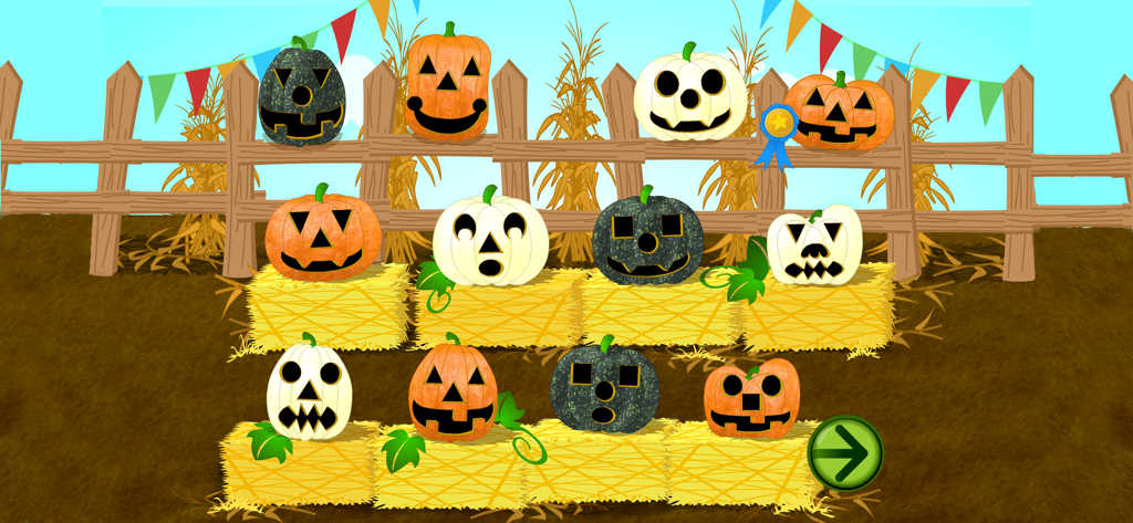 A collection of various decorated jack o lanterns displayed on hay bales in a digital field