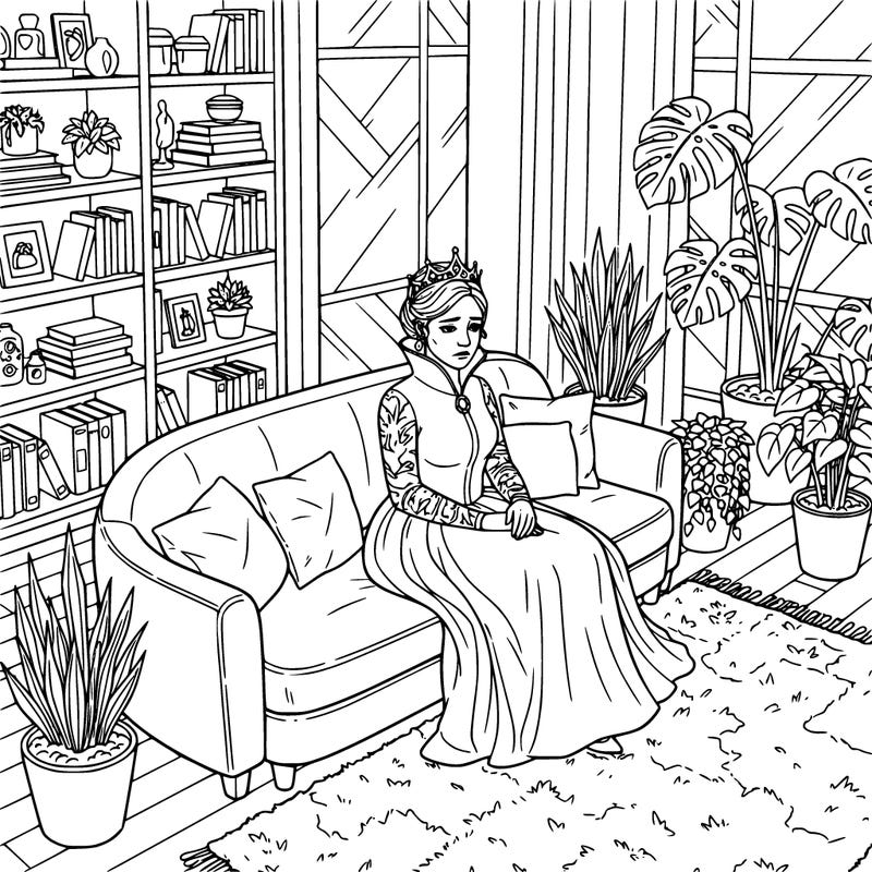 a queen sitting on a therapy couch in a beautifully designed office, crown slightly tilted, thoughtful expression, cozy modern interior, plants and bookshelves, detailed line art for coloring