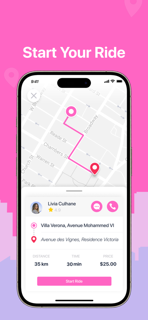 LadyGo Driver - LadyGo Driver app displaying a navigation map and ride information for a passenger pickup