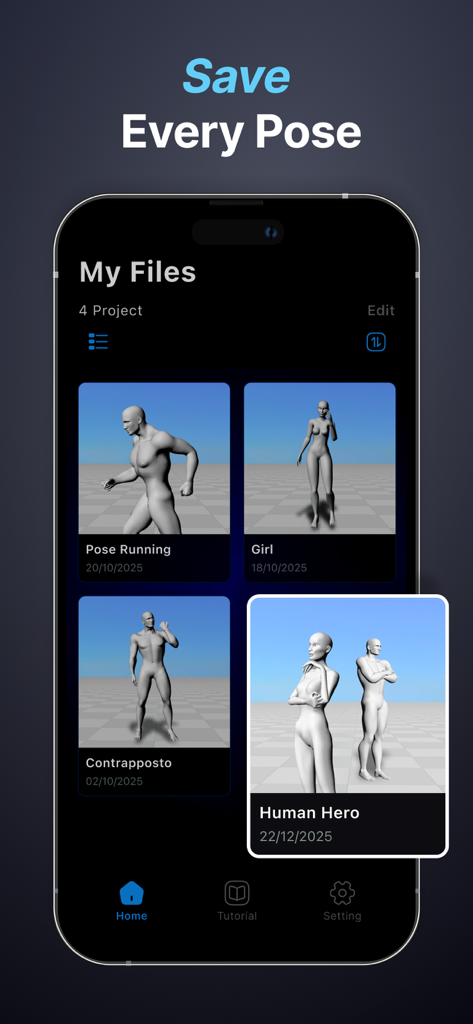 3D Pose Reference & Easy Poser - Vista de galería de poses y proyectos de personajes 3D guardados en la interfaz de la aplicación.