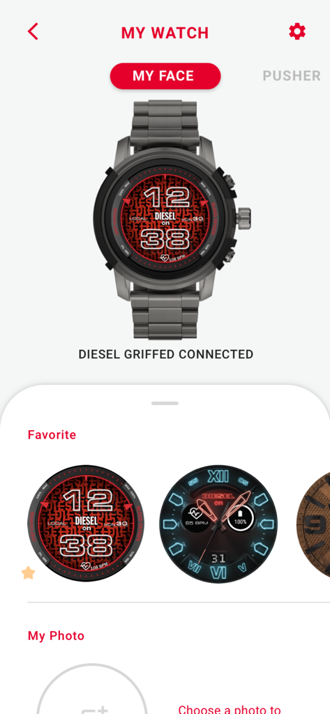 DieselOn - Die DieselOn App-Oberfläche zeigt verschiedene anpassbare Zifferblätter für eine Diesel-Smartwatch.