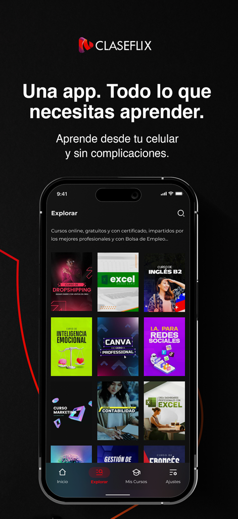 Claseflix - Cursos En Línea - Schermata dell'app Claseflix che mostra diversi corsi professionali in spagnolo per l'apprendimento online