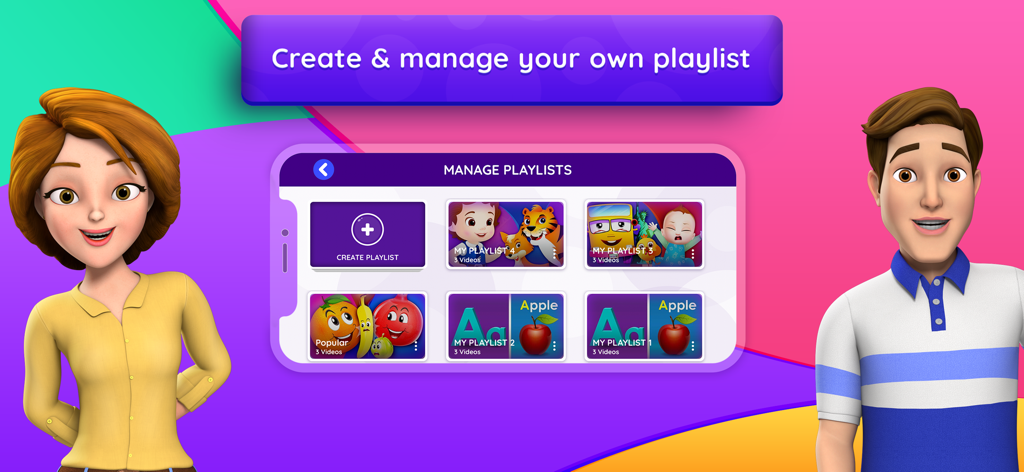 ChuChu TV Nursery Rhymes Pro - Screenshot of the ChuChu TV Nursery Rhymes Pro app showing the manage playlists interface with two parent characters