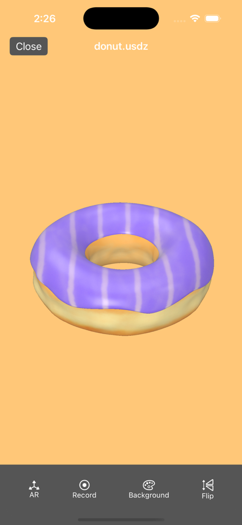 A 3D model of a purple striped donut rendered in the 3D Model Viewer app interface