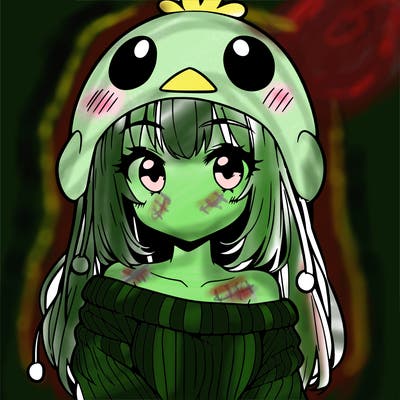 anime girl with chick shaped hat with sweater with bare shoulders with bangs covering them one eye with low tail