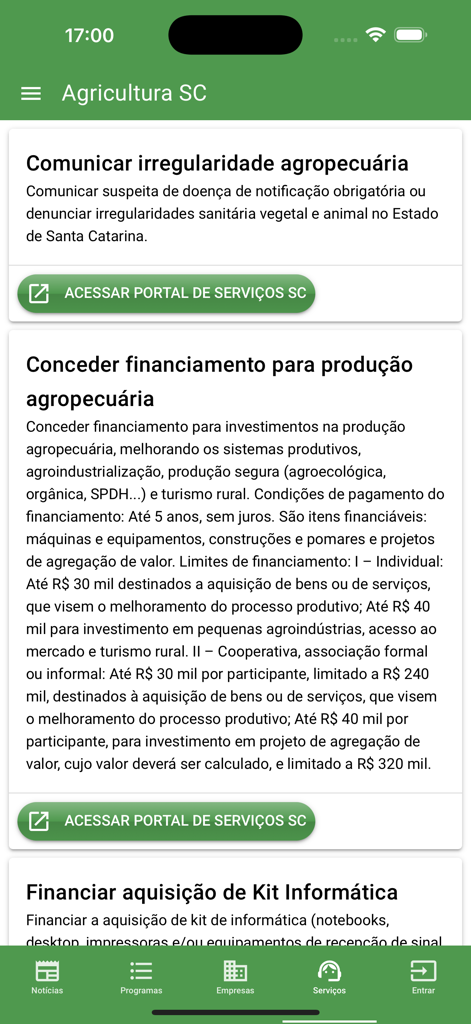 Agricultura SC - Panel de la aplicación Agricultura SC con programas y servicios agrícolas.