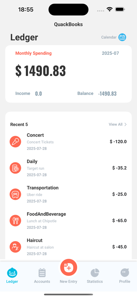 QuackBooks: AI Bookkeeper - Libro de contabilidad de la aplicación QuackBooks que muestra los gastos mensuales y las transacciones recientes como entradas de conciertos y transporte.