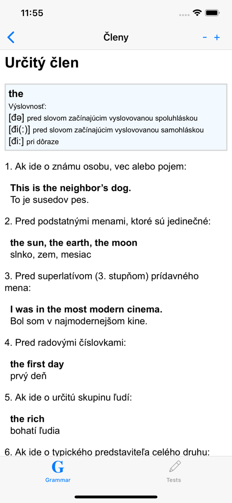 English grammar app screen explaining the definite article in Slovak