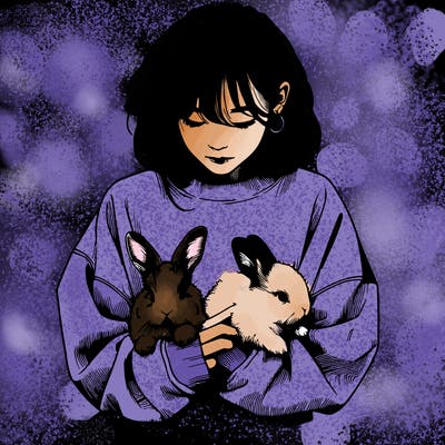 realistic girl with messy bunny baggy sweatshirt and holding bunnies