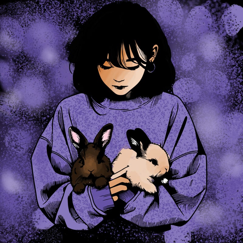 realistic girl with messy bunny baggy sweatshirt and holding bunnies