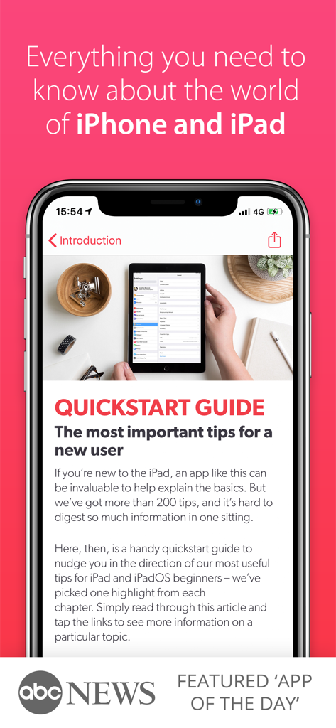 Tips & Tricks Pro - for iPad - iPhone and iPad quickstart guide screen in the Tips and Tricks Pro app featuring advice for new users