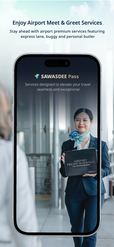 SAWASDEE by AOT app interface for airport premium meet and greet services.