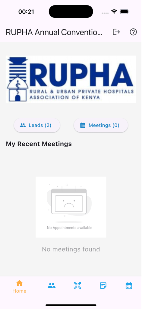 Leadretrieval for Events - Pantalla de inicio de la aplicación Recuperación de Leads para Eventos que muestra el recuento de leads y el estado de las reuniones para la Convención Anual RUPHA