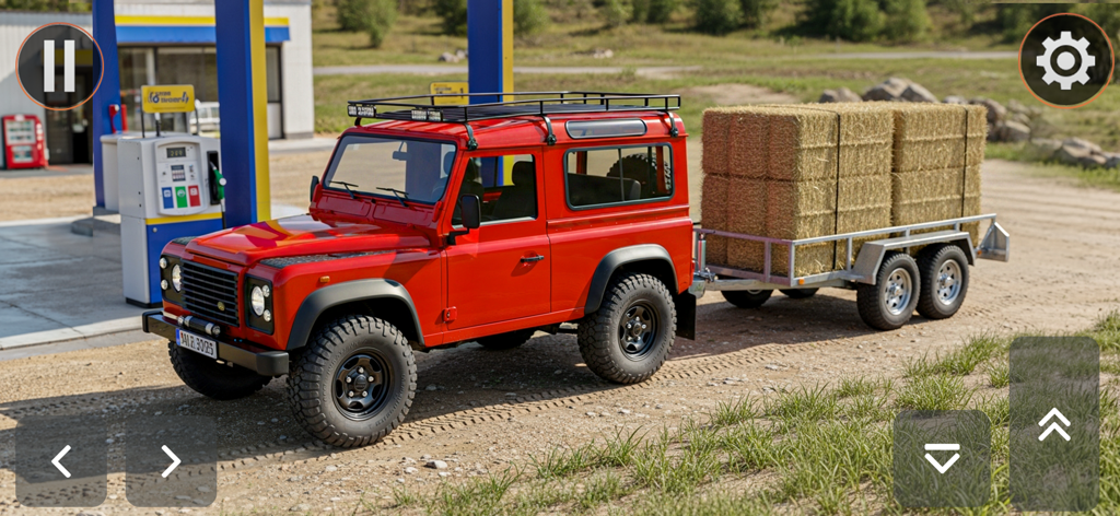 Crazy Jeep Drive Offroad Games - Jeep todoterreno 4x4 rojo remolcando un remolque con fardos de heno