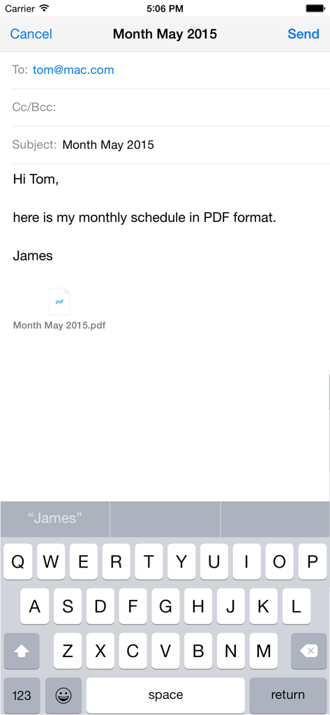iPhone app screen showing an email draft with a monthly calendar PDF attachment