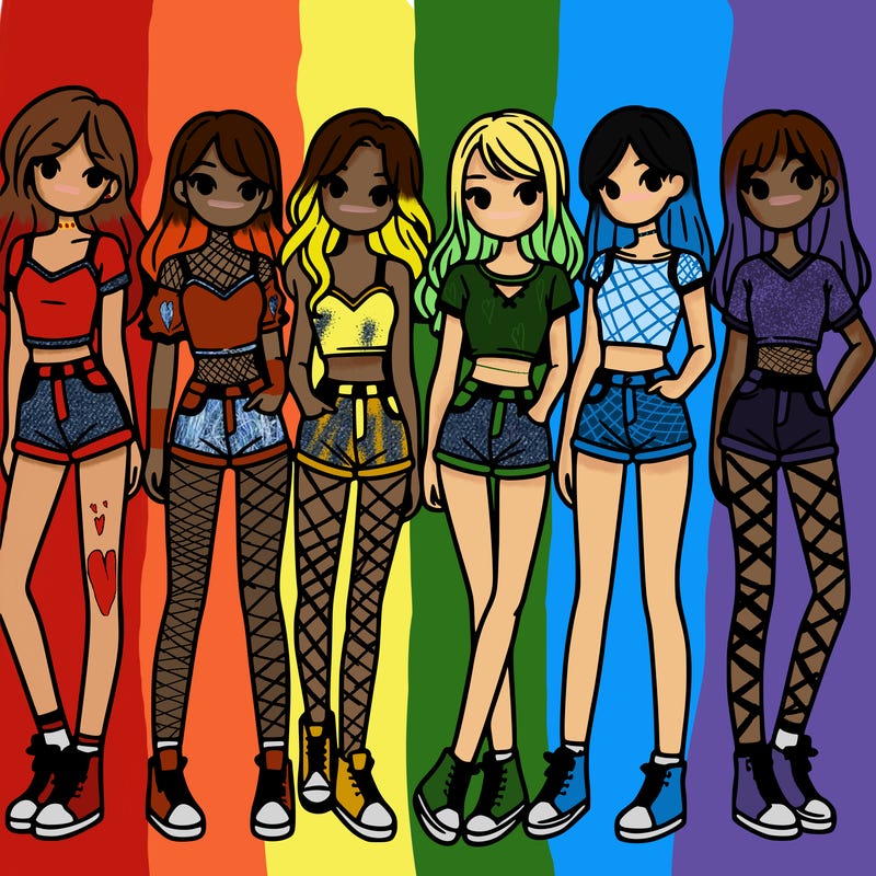 a group of girls wearing crop tops and shorts