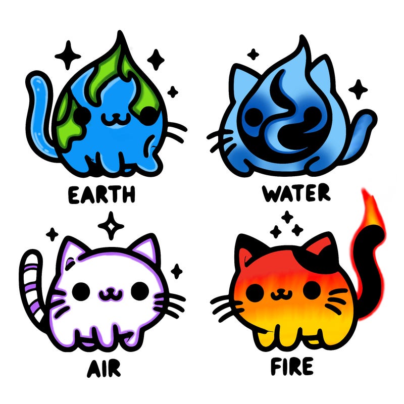 4 cats that represent the different elements, earth, water, air, and fire