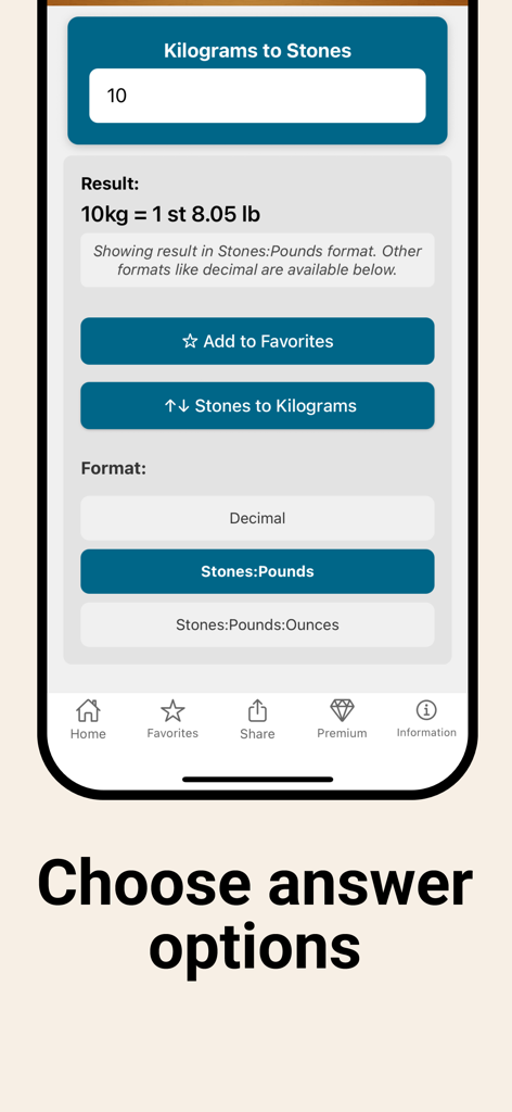 Metric Conversion tool showing result formats for kilograms to stones