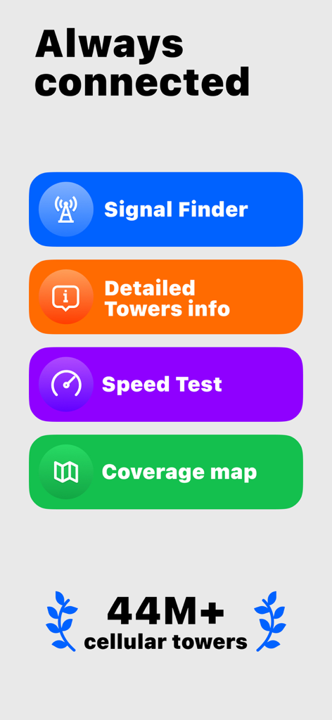 Menu do aplicativo Signal Finder mostrando localizador de sinal, informações detalhadas da torre, teste de velocidade e recursos de mapa de cobertura