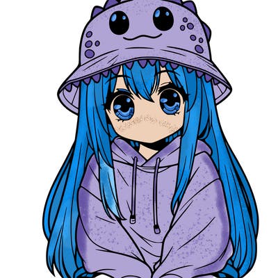 girl with anime shaped eyes with a dinosaur bucket hat oversized sweatshirt long straight hair