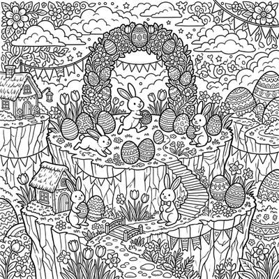 Dive into a whimsical Easter world with this detailed coloring page set on enchanting plateaus. Perfect for teens, this illustration combines festive holiday elements with a challenging and rewarding artistic experience.