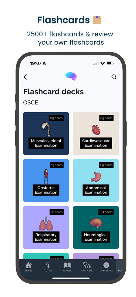 Geeky Medics - OSCE revision - Geeky Medics app interface showing multiple flashcard decks for medical examinations like cardiovascular and respiratory systems.