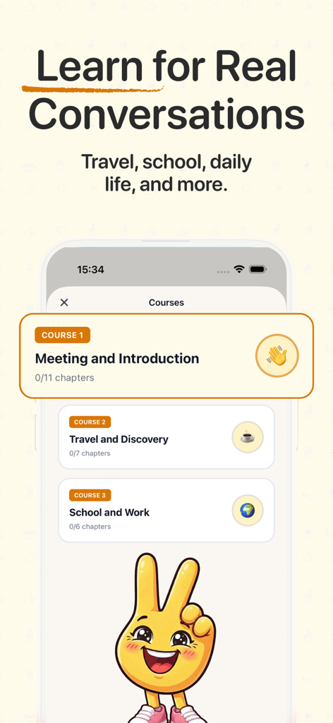 Anna Sign Language app interface displaying courses for real life conversations like travel and work