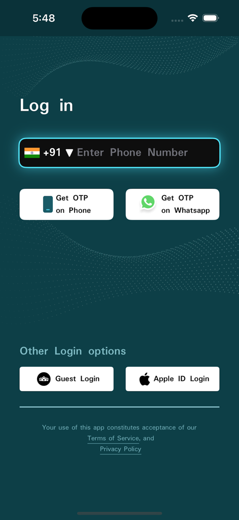 Tiyo - Tiyoアプリのログイン画面。電話番号OTP、ゲスト、Apple IDのログインオプションが表示されています。