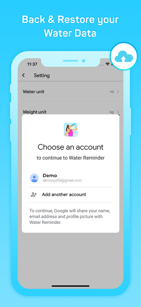 Daily Reminder + Water Tracker - A mobile app screen for backing up and restoring water intake data using a Google account.