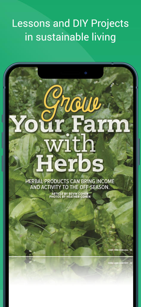 Hobby Farms Magazine - A smartphone displaying an article about growing herbs for sustainable living within the Hobby Farms Magazine app