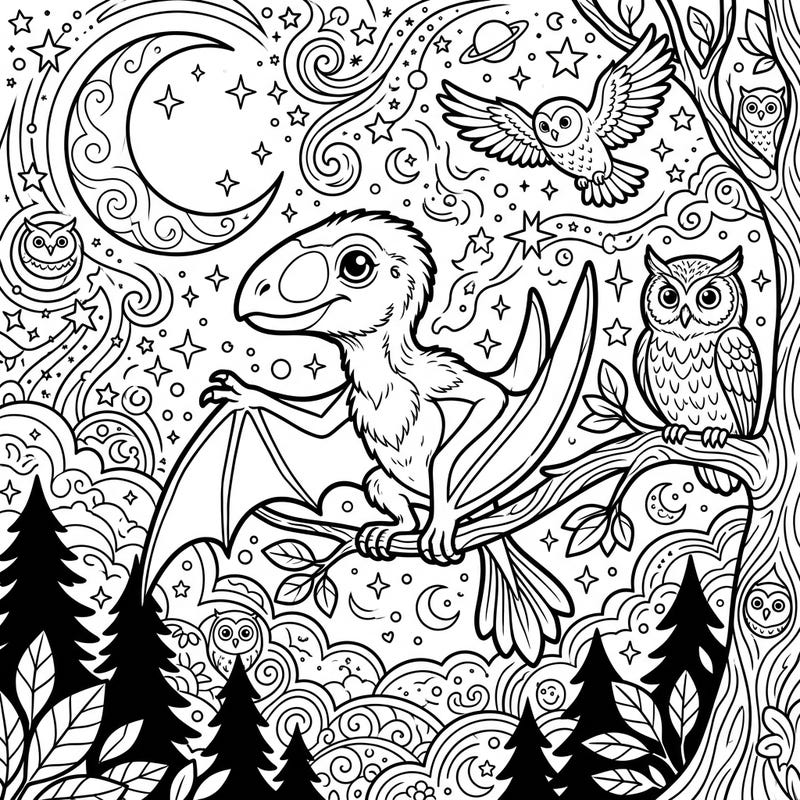 Embark on a prehistoric night-time journey with this adorable Jeholopterus coloring page, nestled among wise owls and a sparkling sky. Perfect for a relaxing evening of creative expression, bringing a magical prehistoric scene to life with your favorite colors.