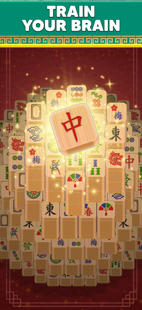 Pantalla del juego Mahjong Infinity mostrando fichas apiladas y el texto Entrena tu Cerebro